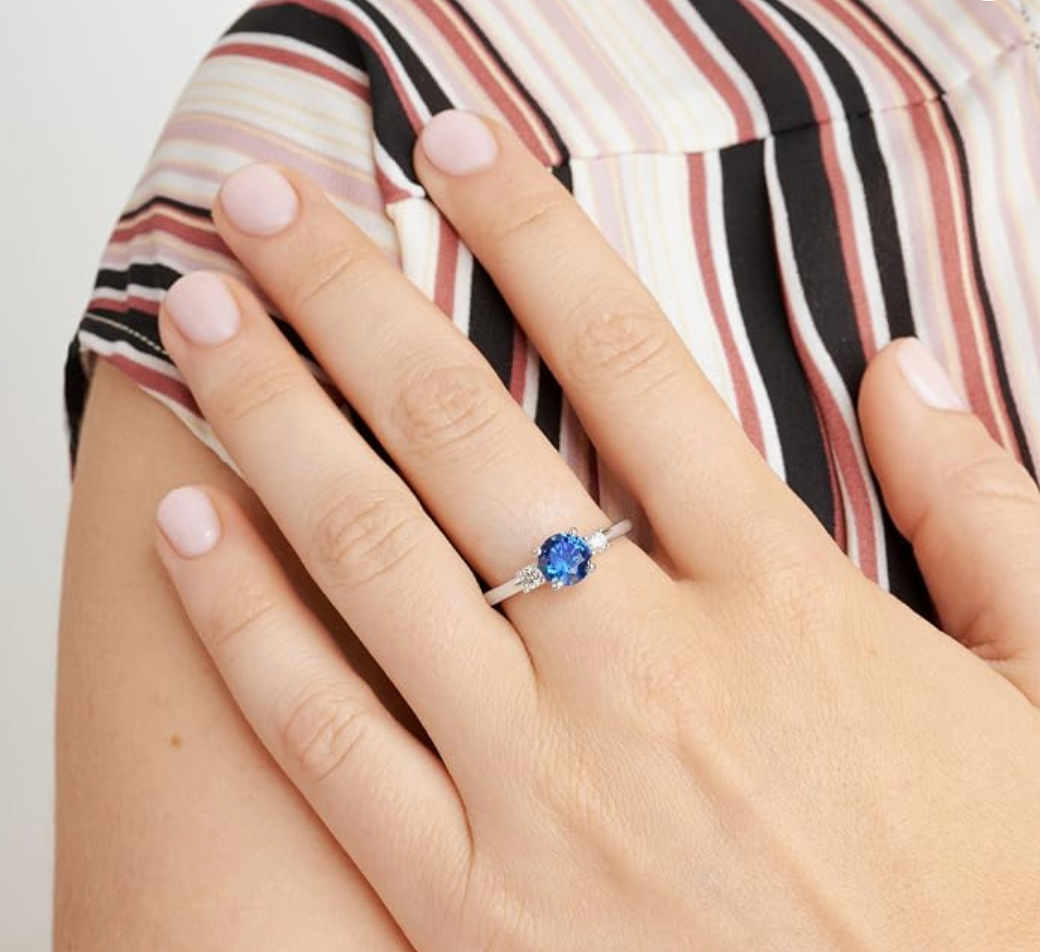 White Gold Sapphire Blue Three-Stone Engagement Ring