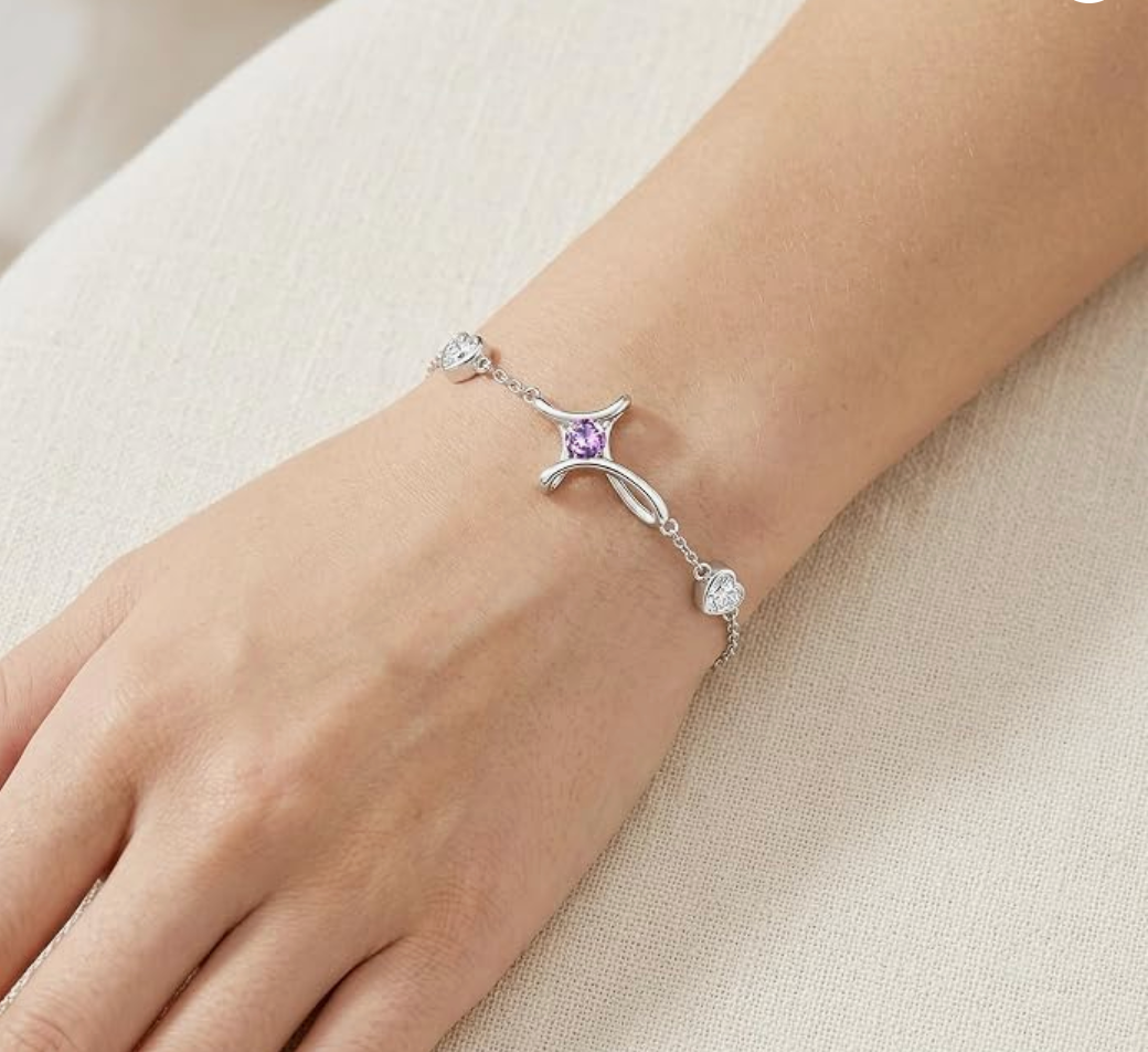 Silver Abstract Cross Lavender Solitaire and Dual Heart Bracelet