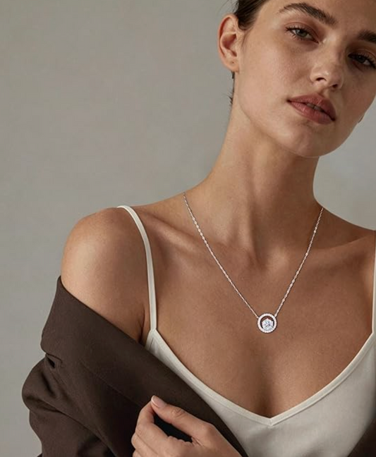 White Gold Floating Round Brilliant Halo Pendant Necklace