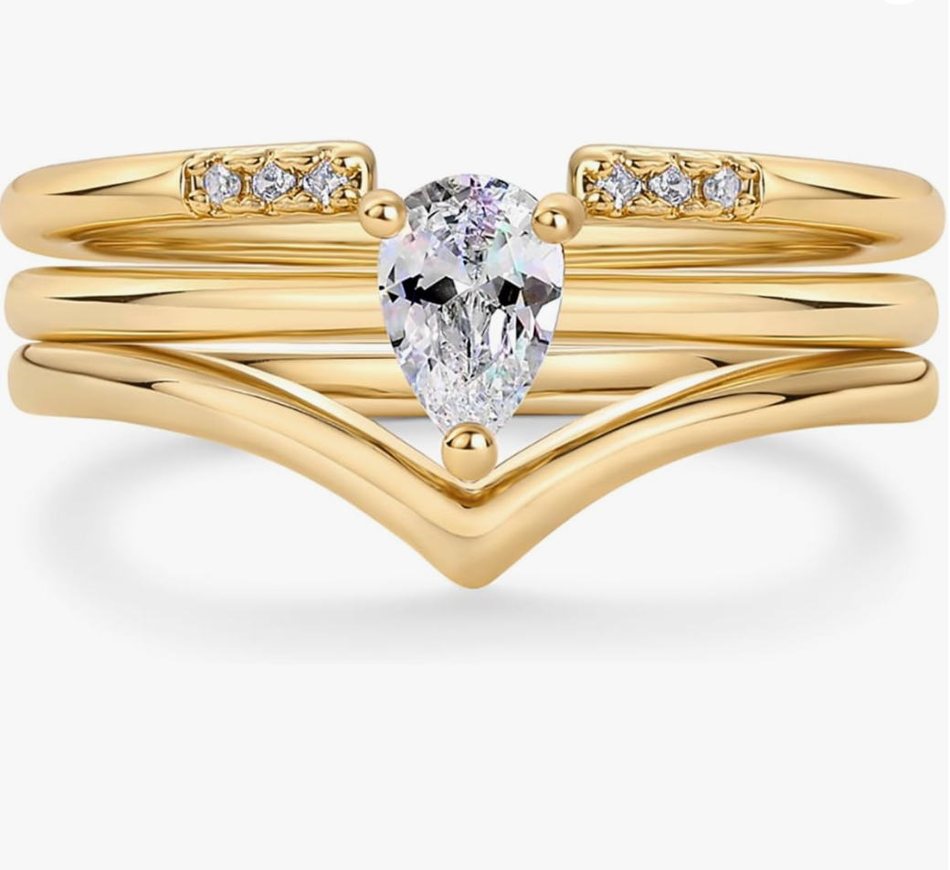 Yellow Gold Chevron Wishbone Pear Cut Stackable Ring Set
