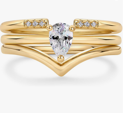 Yellow Gold Chevron Wishbone Pear Cut Stackable Ring Set