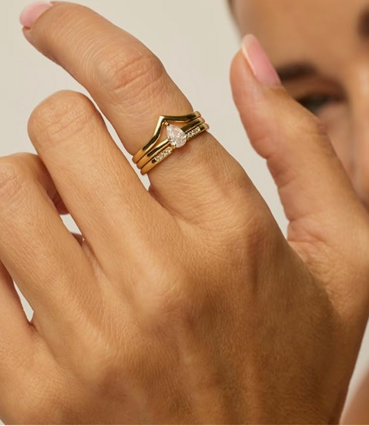 Yellow Gold Chevron Wishbone Pear Cut Stackable Ring Set