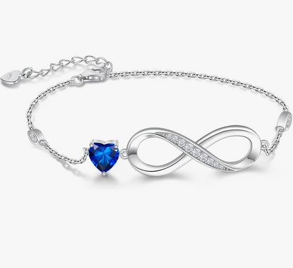 Silver Infinity Loop and Sapphire Blue Heart Charm Bracelet