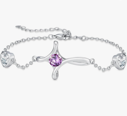 Silver Abstract Cross Lavender Solitaire and Dual Heart Bracelet