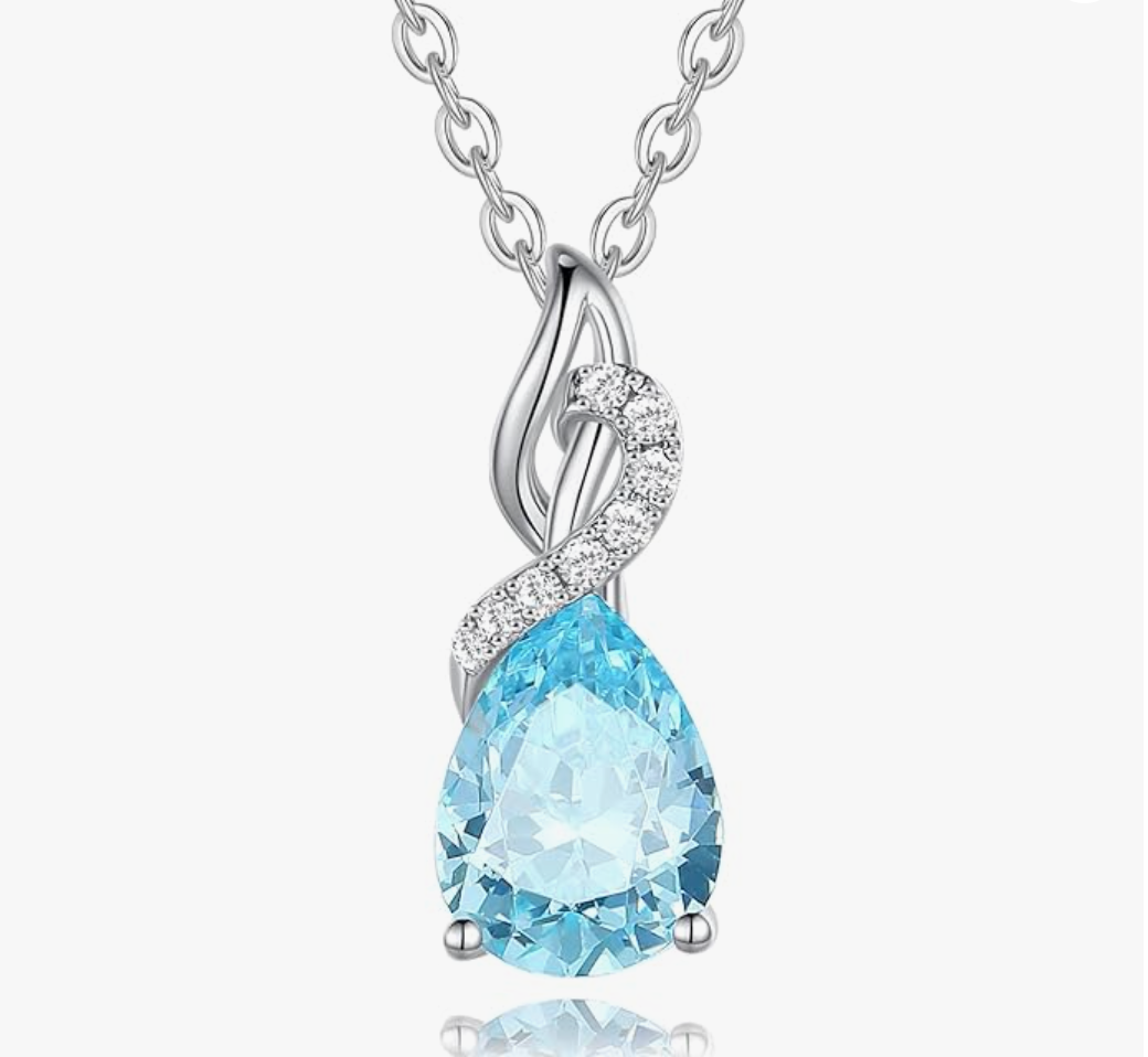 White Gold Infinity Swirl Aquamarine Pear Pendant Necklace
