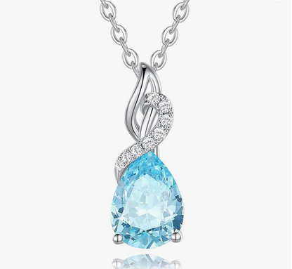 White Gold Infinity Swirl Aquamarine Pear Pendant Necklace
