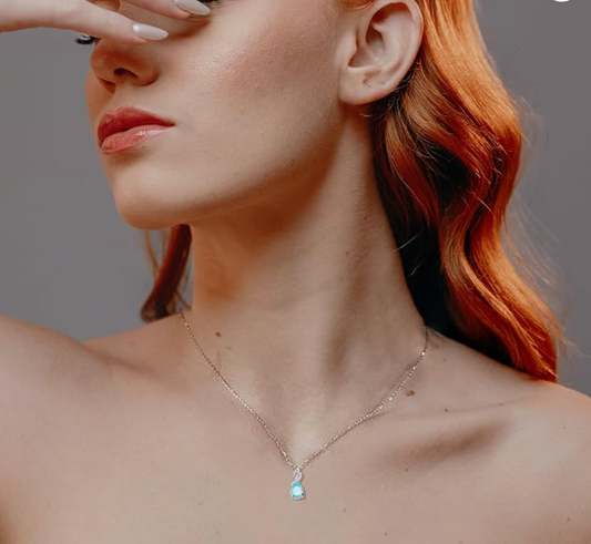 White Gold Infinity Swirl Aquamarine Pear Pendant Necklace