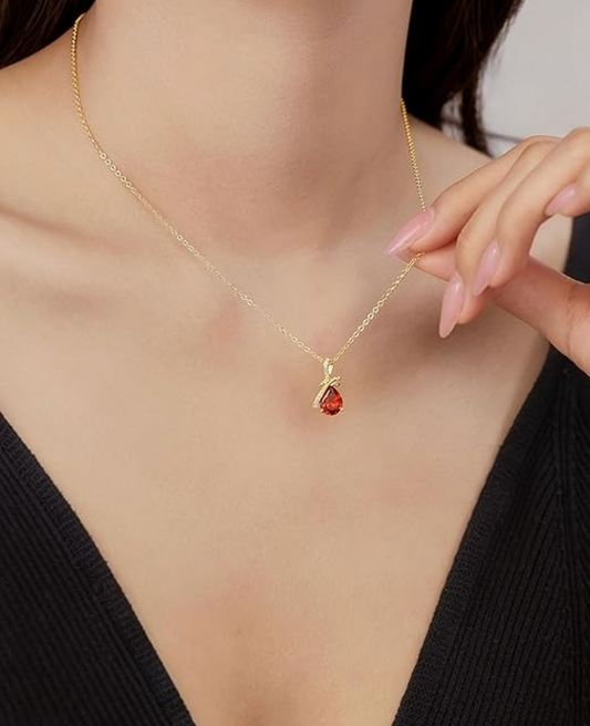 Yellow Gold Twist Halo Garnet Teardrop Pendant Necklace